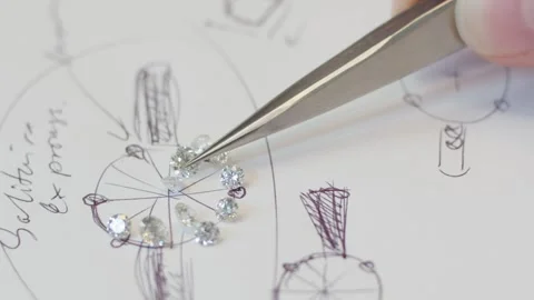 Real diamonds getting sorted on a sketch of a diamond wedding ring Stock Footage 248977015