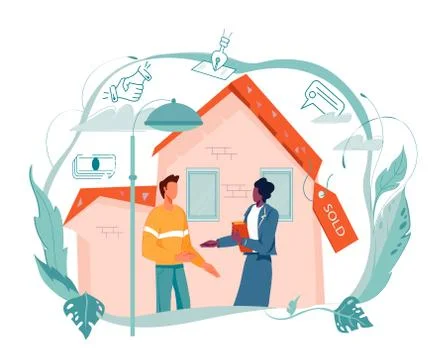 Real estate agent and client make agreement about property sale or rental. Stock Illustration