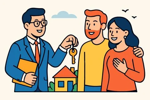 Real estate agent hands keys to happy couple buying new home Stock Illustration