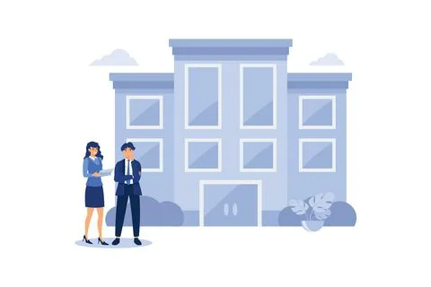 A real estate agent holding the document for the for sale house. Vector flat  Stock Illustration