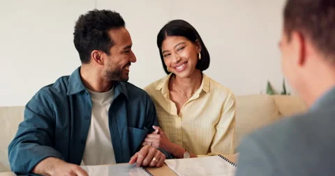 Real estate, agent or couple in office with meeting, investment plan or advice Stock Footage 337036747