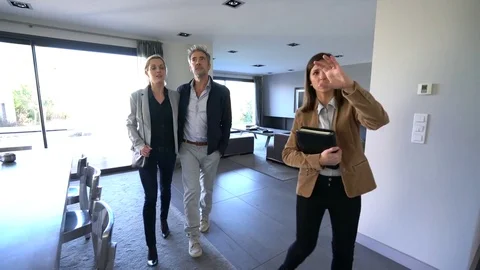  	Real-estate agent presenting home to couple of clients Stock Footage
