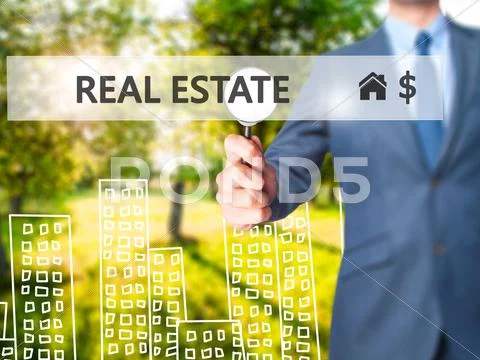 Real Estate Agent Pressing Button On Virtual Screen.