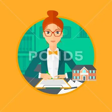 Real estate agent signing contract. Stock Illustration