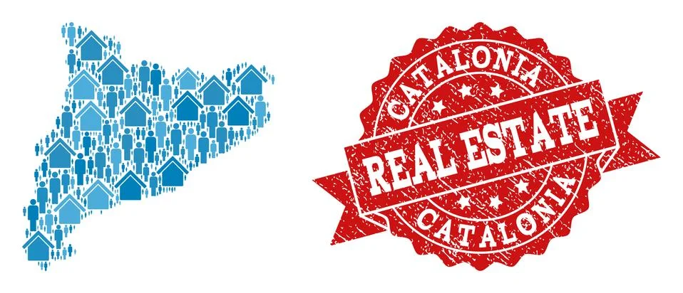 Real Estate Collage of Mosaic Map of Catalonia and Distress Seal Stamp 스톡 일러스트