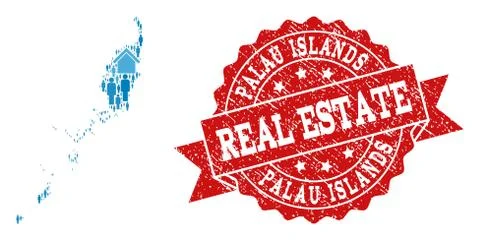 Real Estate Collage of Mosaic Map of Palau Islands and Distress Stamp 스톡 일러스트