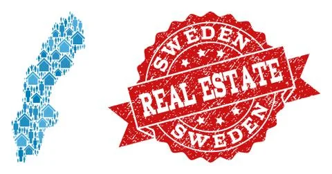 Real Estate Collage of Mosaic Map of Sweden and Textured Seal 스톡 일러스트