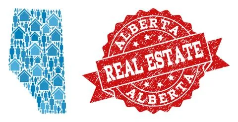 Real Estate Composition of Mosaic Map of Alberta Province and Textured Seal Illustrazione stock
