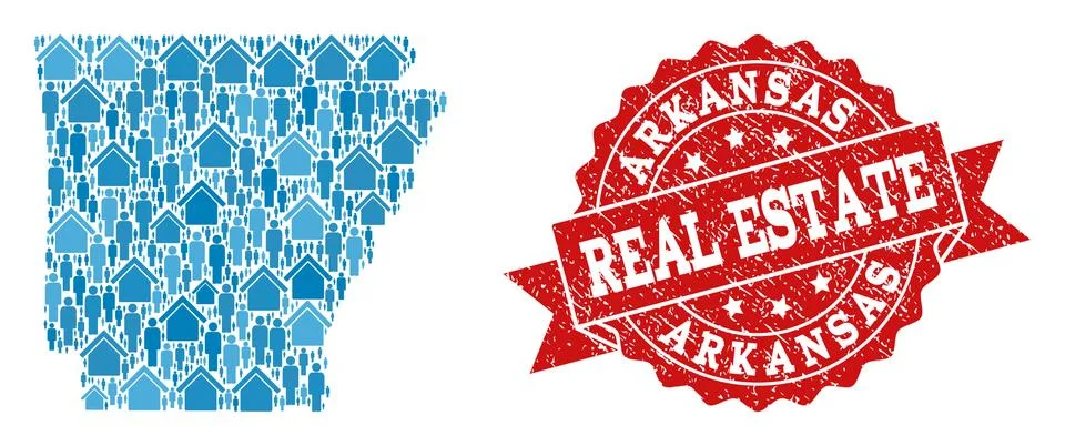 Real Estate Composition of Mosaic Map of Arkansas State and Textured Seal Stamp 스톡 일러스트