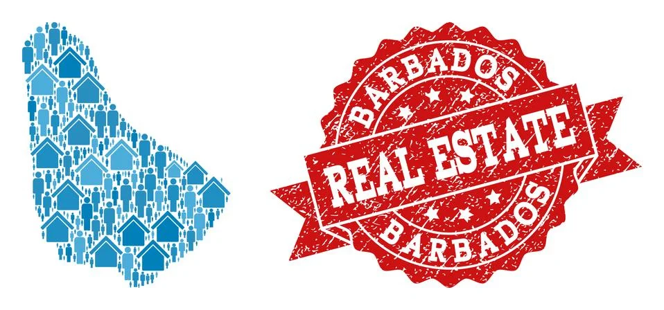 Real Estate Composition of Mosaic Map of Barbados and Textured Seal Stamp 스톡 일러스트