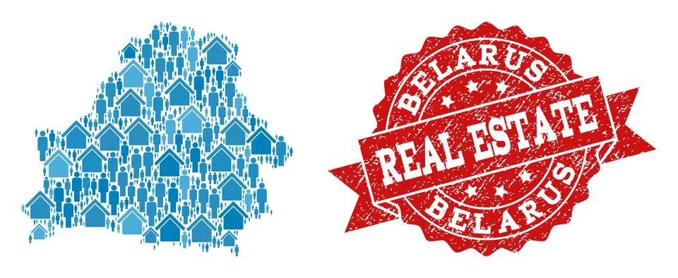 Real Estate Composition of Mosaic Map of Belarus and Scratched Seal Stamp 스톡 일러스트