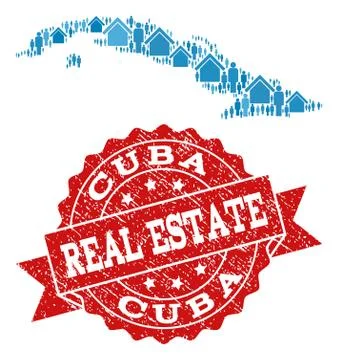 Real Estate Composition of Mosaic Map of Cuba Island and Distress Seal 스톡 일러스트