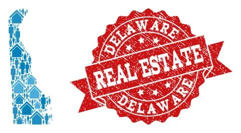 Real Estate Composition of Mosaic Map of Delaware State and Distress Stamp 스톡 일러스트