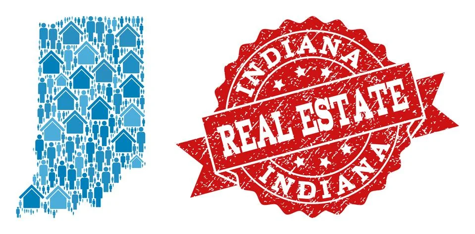 Real Estate Composition of Mosaic Map of Indiana State and Scratched Seal Stamp Illustrazione stock