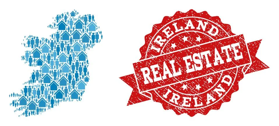 Real Estate Composition of Mosaic Map of Ireland Island and Grunge Stamp 스톡 일러스트