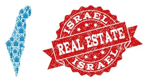 Real Estate Composition of Mosaic Map of Israel and Grunge Seal 스톡 일러스트