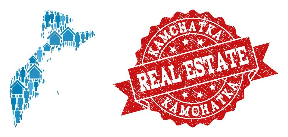 Real Estate Composition of Mosaic Map of Kamchatka Peninsula and Grunge Stamp 스톡 일러스트