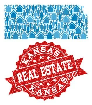 Real Estate Composition of Mosaic Map of Kansas State and Scratched Stamp 스톡 일러스트