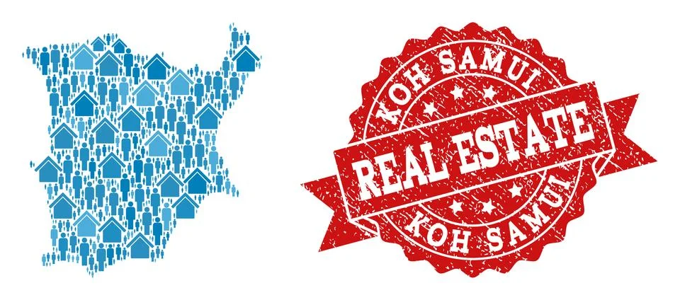 Real Estate Composition of Mosaic Map of Koh Samui and Textured Stamp 스톡 일러스트