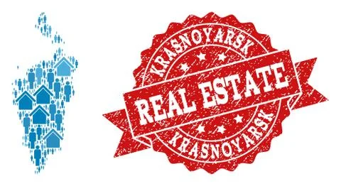 Real Estate Composition of Mosaic Map of Krasnoyarskiy Kray and Grunge Stamp 스톡 일러스트