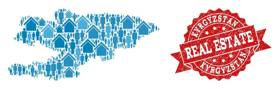 Real Estate Composition of Mosaic Map of Kyrgyzstan and Grunge Seal Ilustración de archivo