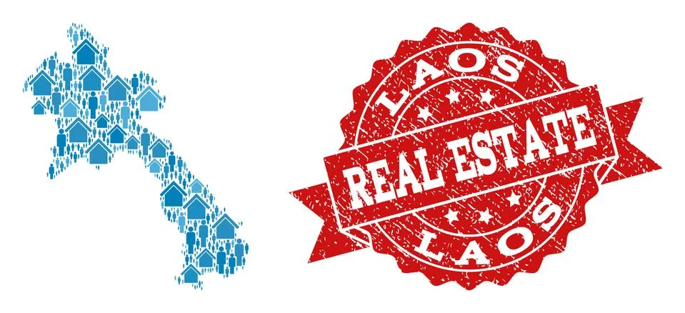 Real Estate Composition of Mosaic Map of Laos and Grunge Stamp 스톡 일러스트