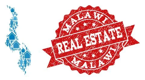 Real Estate Composition of Mosaic Map of Malawi and Distress Seal Stamp Illustrazione stock