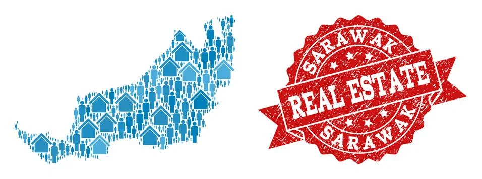 Real Estate Composition of Mosaic Map of Malaysian Sarawak and Grunge Seal Stamp 스톡 일러스트