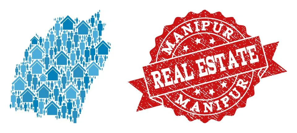 Real Estate Composition of Mosaic Map of Manipur State and Textured Stamp 스톡 일러스트