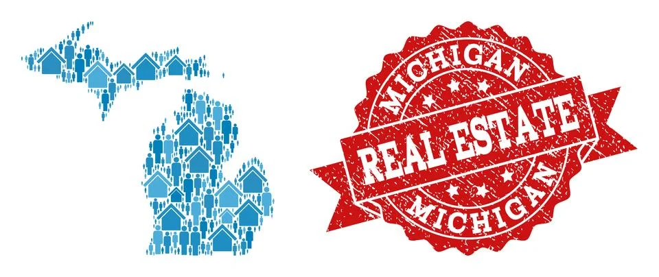 Real Estate Composition of Mosaic Map of Michigan State and Grunge Seal Stamp 스톡 일러스트