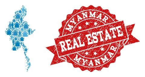 Real Estate Composition of Mosaic Map of Myanmar and Scratched Stamp 스톡 일러스트