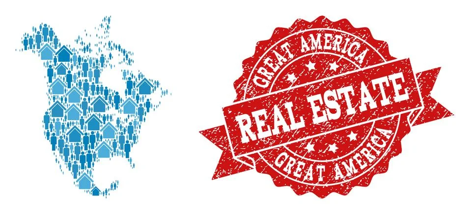 Real Estate Composition of Mosaic Map of North America and Textured Seal Stamp 스톡 일러스트