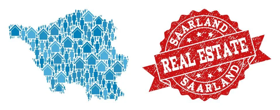 Real Estate Composition of Mosaic Map of Saarland State and Grunge Stamp 스톡 일러스트