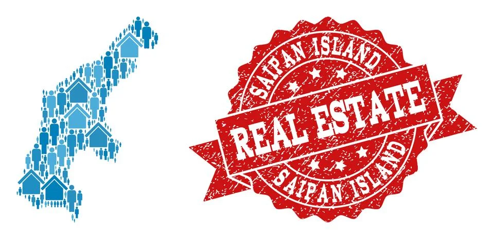 Real Estate Composition of Mosaic Map of Saipan Island and Distress Seal Stamp Illustrazione stock
