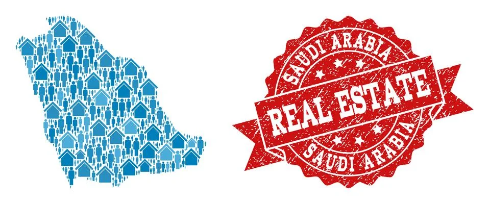 Real Estate Composition of Mosaic Map of Saudi Arabia and Distress Seal Stamp 스톡 일러스트