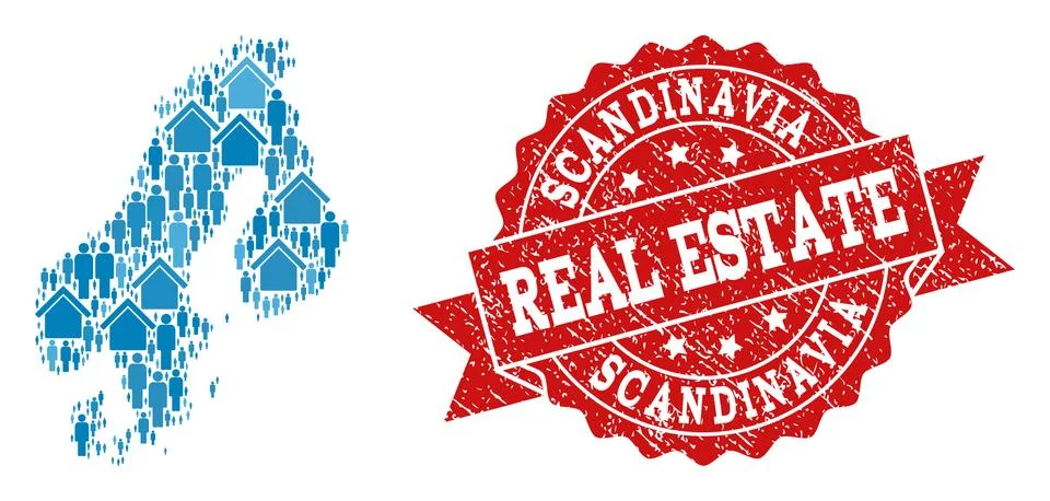 Real Estate Composition of Mosaic Map of Scandinavia and Distress Stamp 스톡 일러스트