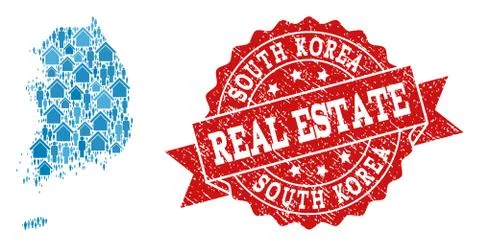 Real Estate Composition of Mosaic Map of South Korea and Textured Seal Stamp 스톡 일러스트