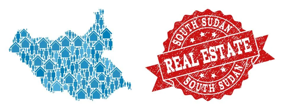 Real Estate Composition of Mosaic Map of South Sudan and Distress Seal 스톡 일러스트