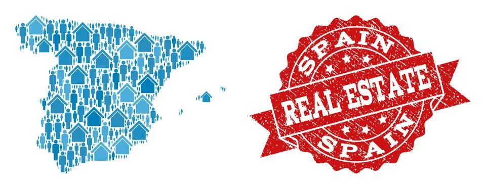 Real Estate Composition of Mosaic Map of Spain and Textured Stamp 库存插图