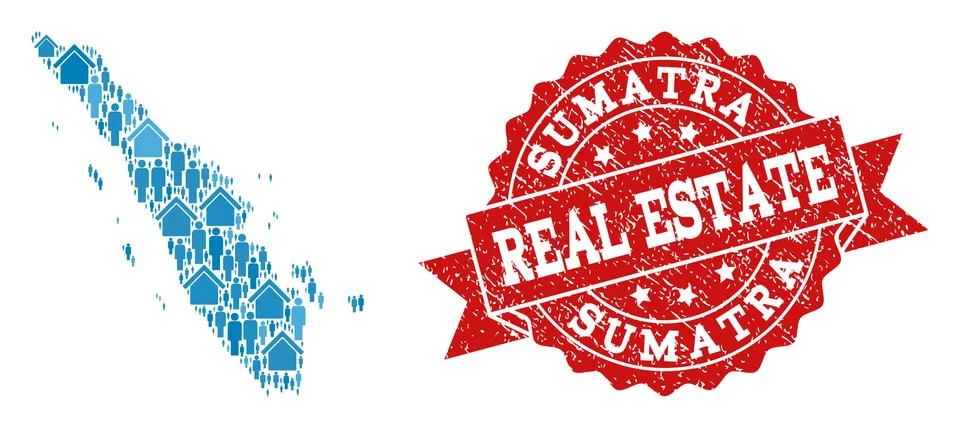 Real Estate Composition of Mosaic Map of Sumatra Island and Scratched Seal 스톡 일러스트