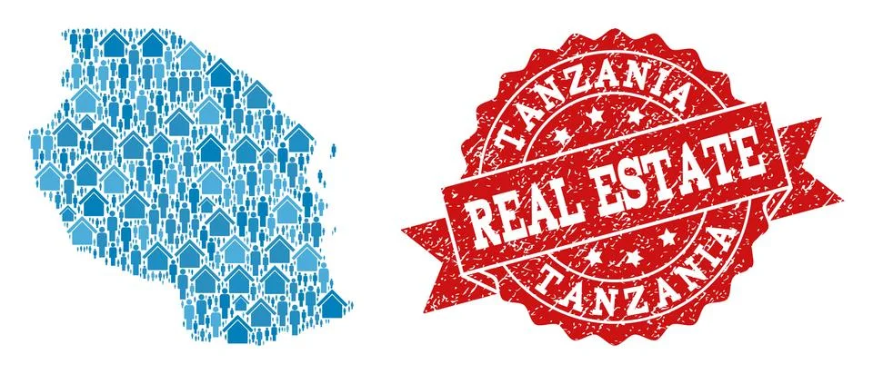 Real Estate Composition of Mosaic Map of Tanzania and Grunge Seal 스톡 일러스트