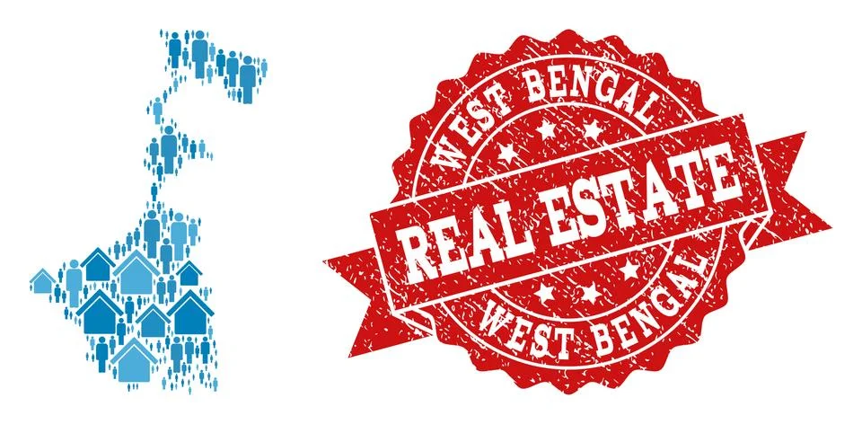 Real Estate Composition of Mosaic Map of West Bengal State and Distress Stamp 스톡 일러스트