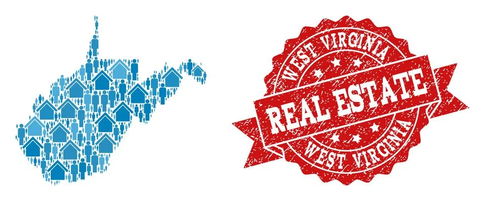 Real Estate Composition of Mosaic Map of West Virginia State and Grunge Stamp Illustrazione stock