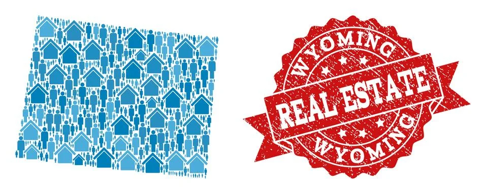 Real Estate Composition of Mosaic Map of Wyoming State and Scratched Stamp Illustrazione stock