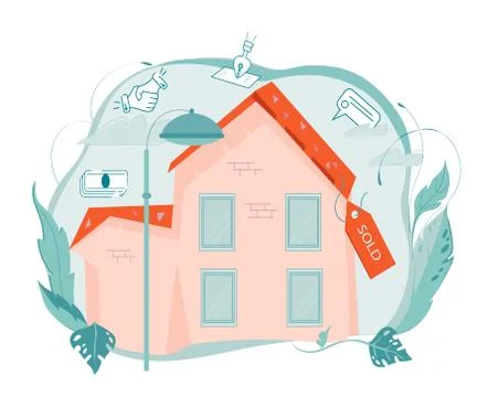 Real Estate concept - house or cottage building with with Sold badge. Stock Illustration