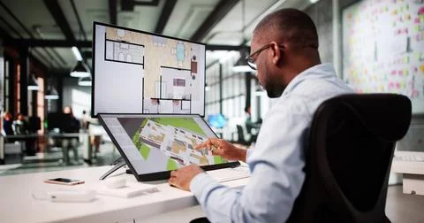 Real Estate Designer Utilizing 3D CAD Software On Computer Screen Stock Photos
