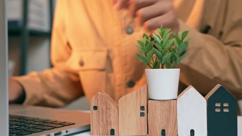 A real estate developer places a small plant on a wooden house. Stock Footage 317600537