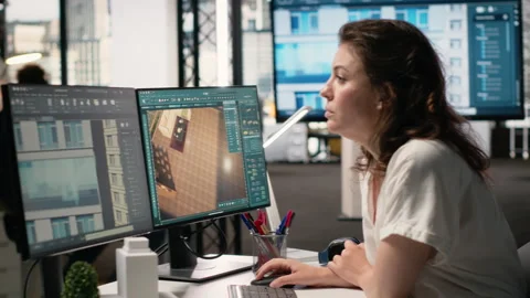 Real estate developer reviews architectural layouts on dual monitors Stock Footage 316794911