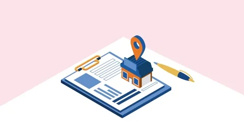 Real estate document with isometric house icon and navigation pin marker on.. 動画素材 339058335