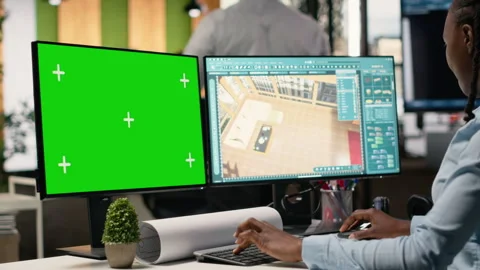 Real estate expert uses software and green screen to plan construction structure Stock Footage 316794749